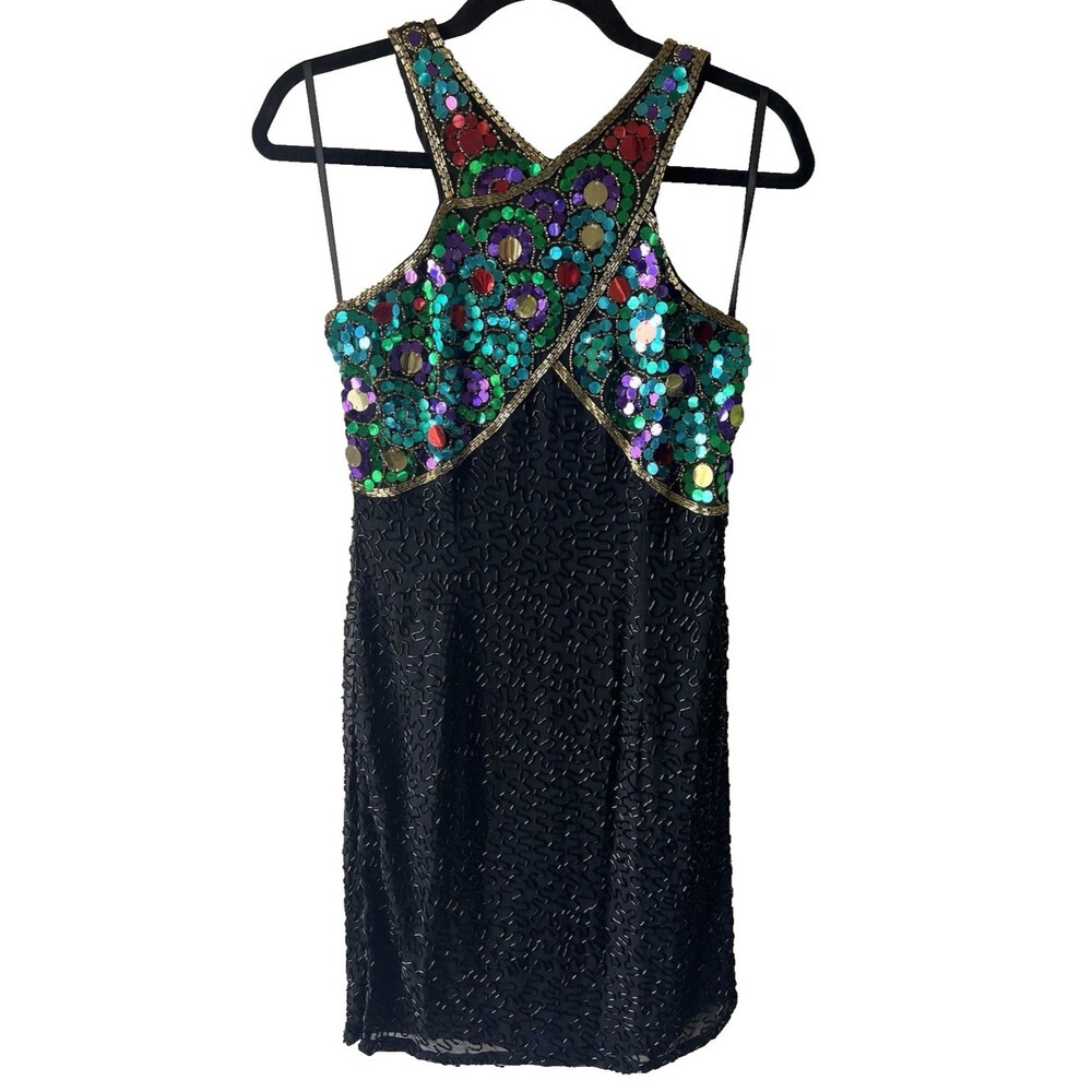 Vtg Nite Line Black Multicolor Sequin Beaded Silk Satin Sheath Halter Dress 6